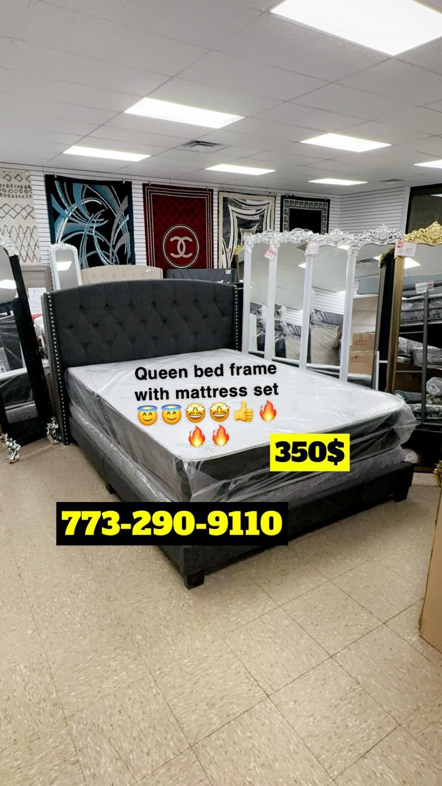 Queen Size Bed Headboard Frame Mattress And Box Spring All Included Brand New Furniture Yes We Deliver