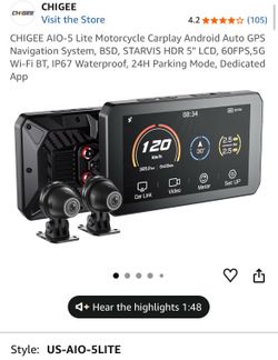 CHIGEE AIO-5 Lite Motorcycle Carplay Android Auto GPS Navigation System, BSD, STARVIS HDR 5" LCD, 60FPS,5G Wi-Fi BT, IP67 Waterproof, 24H Parking Mode
