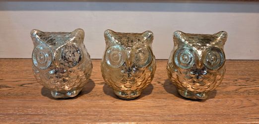 Decorative Owl Set (3 Ea) - Mercury Glass - Silver (5"H x 4"W)
