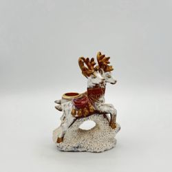 Vtg Ceramic Raindeer and Santa w/ Sled Candle Holders w/ Gold Accents - Set of Two