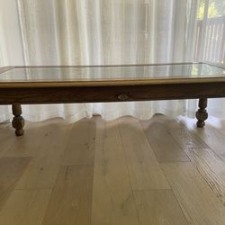 Vintage Glass And Oak Wood Coffee Table