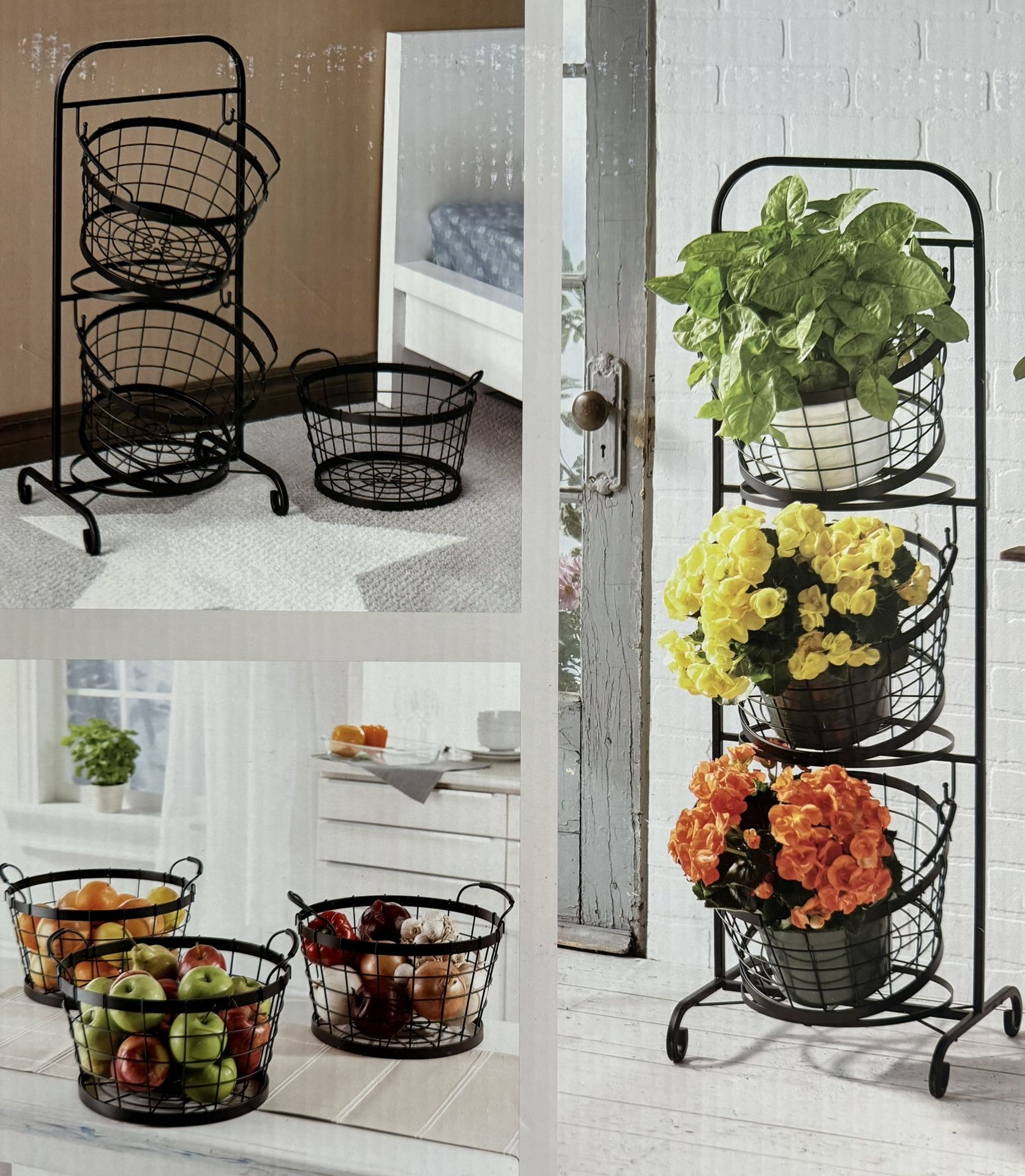 Mesa 3-tier Wrought Iron Market Baskets Black Kitchen Storage Rack New