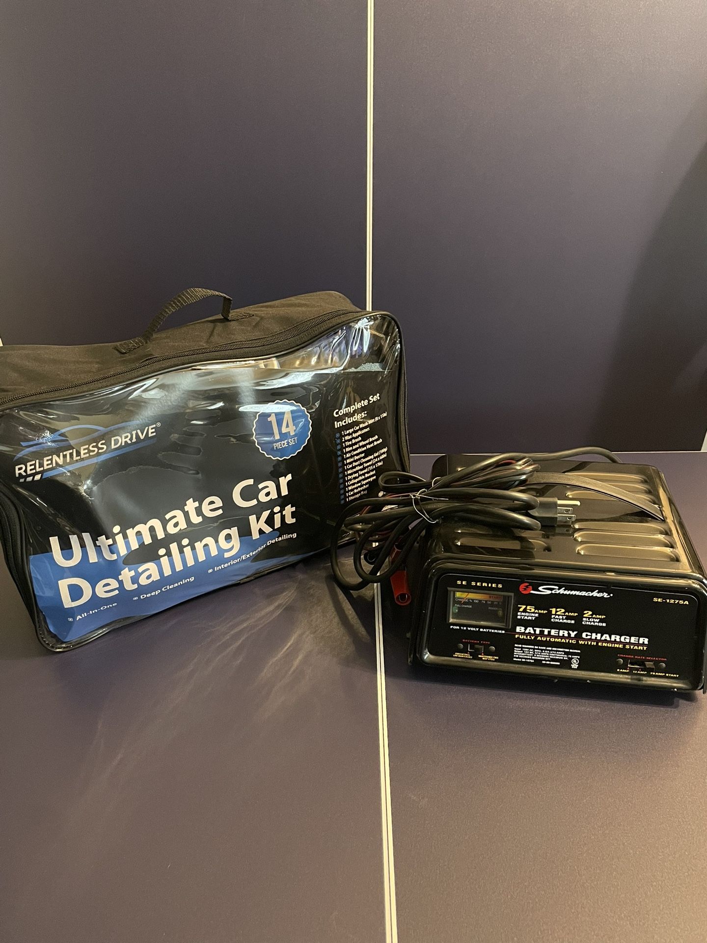 Battery Charger With Engine Start And Car Cleaning Kit