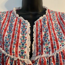 Lanz of Salzburg Flannel Nightgown Red Heart Blue Floral Striped Prairie Gown M