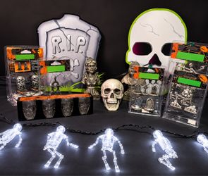 Halloween Skeleton & Spooky Town Miniatures Lot with 4’ Skeleton Lights