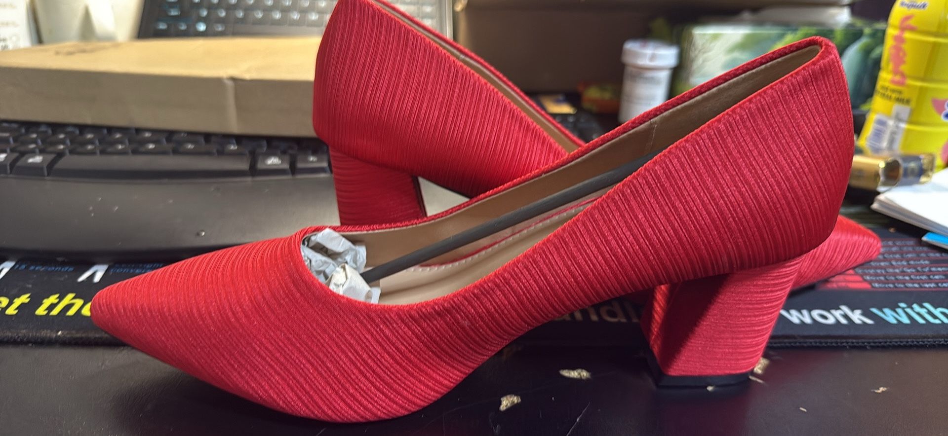 Red Fabric High Heels for Women - Stylish Pointed Toe, Non-Slip Rubber Sole, All-Season Versatile Pumps, Casual Elegance, Easy Maintenance, Versatile