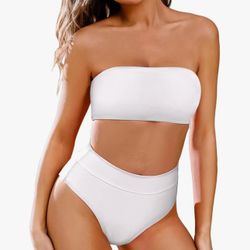 Pink Queen Women's 2 Piece Plus Size High Waisted Bikini Set Bandeau Strapless High Cut Swimsuit Bating Suit White 2XL