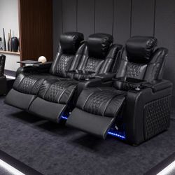93.3Power Recliner 3 PC Made WithTop-Grain Nappa,Fully Adjustable Relaxation,Smart Charging,Dynamic RGB LED Lighting,BLACK