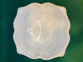 Vintage milk glass square embossed grape/vine pattern with fancy edges