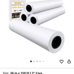 VOISEN Wide Format Paper,4 Rolls Plotter Paper 36 In x 150 Ft, CAD Bond Rolls,20lb,Bond Paper on 2" Core for CAD Printing on Wide Format Ink Jet Print