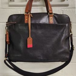 Fossil Leather Black & Brown Defender Messenger Laptop Sachel Briefcase Tote Bag