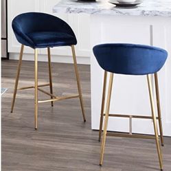 Blue Velvet Counter Stools (Set of 2) – Gold Base, Modern Glam  