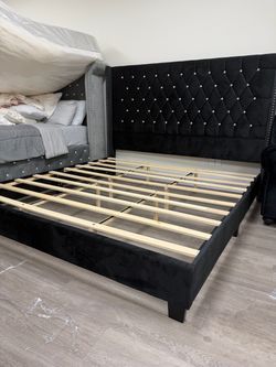 Black Velvet Tufted Platform Bed Frame
