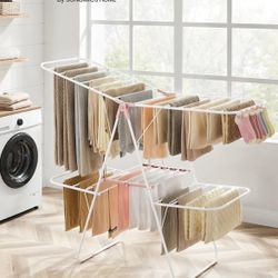 SONGMICS Clothes Drying Rack Foldable 2-Level Laundry Drying Rack - White/Pink