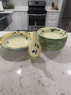 Ceramic Olive Branch Dinnerware Set with Oil Bottle
