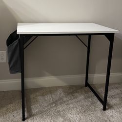 Small White Desk with Headphones Hook and Storage Pocket