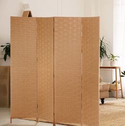2 Left! Wood Mesh Woven Design 4 Panel Folding Wooden Screen Room Divider