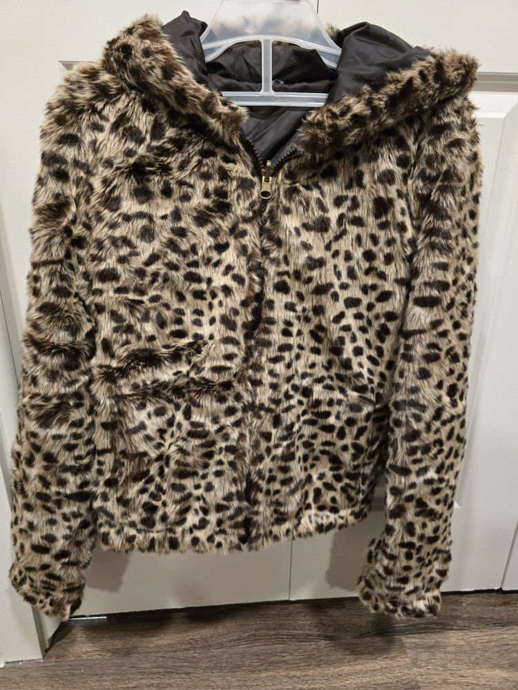 New Sz Medium Faux Cheetah Fur Zip Jacket Coat