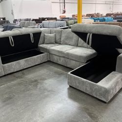 New Grey Corduroy Sectional W Pullout Bed/Chaise Storage.  92x120x61.  Free Delivery!