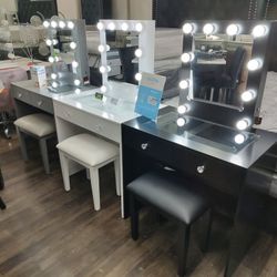 Super Deal Vanity With Stool, Hollywood Mirror & 2 Drawers $389 