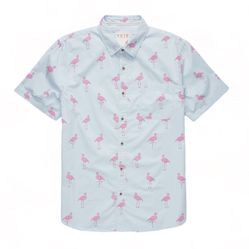 VSTR Men’s Flamingo Print Blue Button Up Short-Sleeve Collared Shirt- Size Small