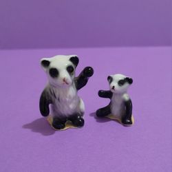 Vintage 2  Miniature Panda Bear Figurines Bone China  Mama Standing Baby Sitting.

