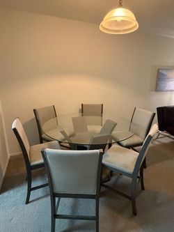 Modern Glass Dining Table + 6 Upholstered Chairs