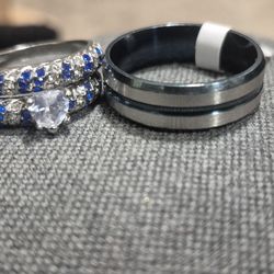 Blue/White CZ Diamond Engagement Stack & Blue Stripe Metal Ring