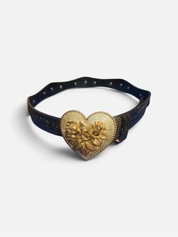 Dark Leather Belt with Gold Heart Buckle
