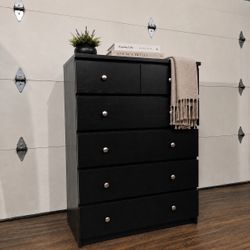 HUGE 6-Drawer Tall Dresser w/ Silver Knobs, Black Finish