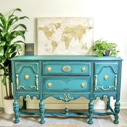 Antique Refinished Teal Buffet Table 