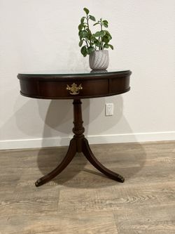 AMIABLE side table - drum style - one drawer - pedestal - mahogany - glass top - delivery available