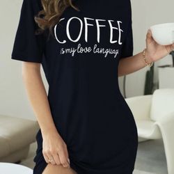 Soft Casual Pajama Dresses , Letter Print Short Sleeve Loose Sleep Dresses , Wom