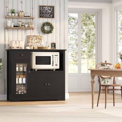 Microwave Cabinet, Kitchen Storage Cabinet, Microwave Stand, Black Small Kitchen Cabinet with Doors / 2 Adjustable Shelves / Drawer / Spacious Counter