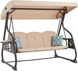 ZZW 3-Seat Patio Porch Swing 800LBS Outdoor Swing with Stand w/Canopy & Adjustable Backrest Patio Glider Chair w/Removable Pillows & Foldable Side Tra