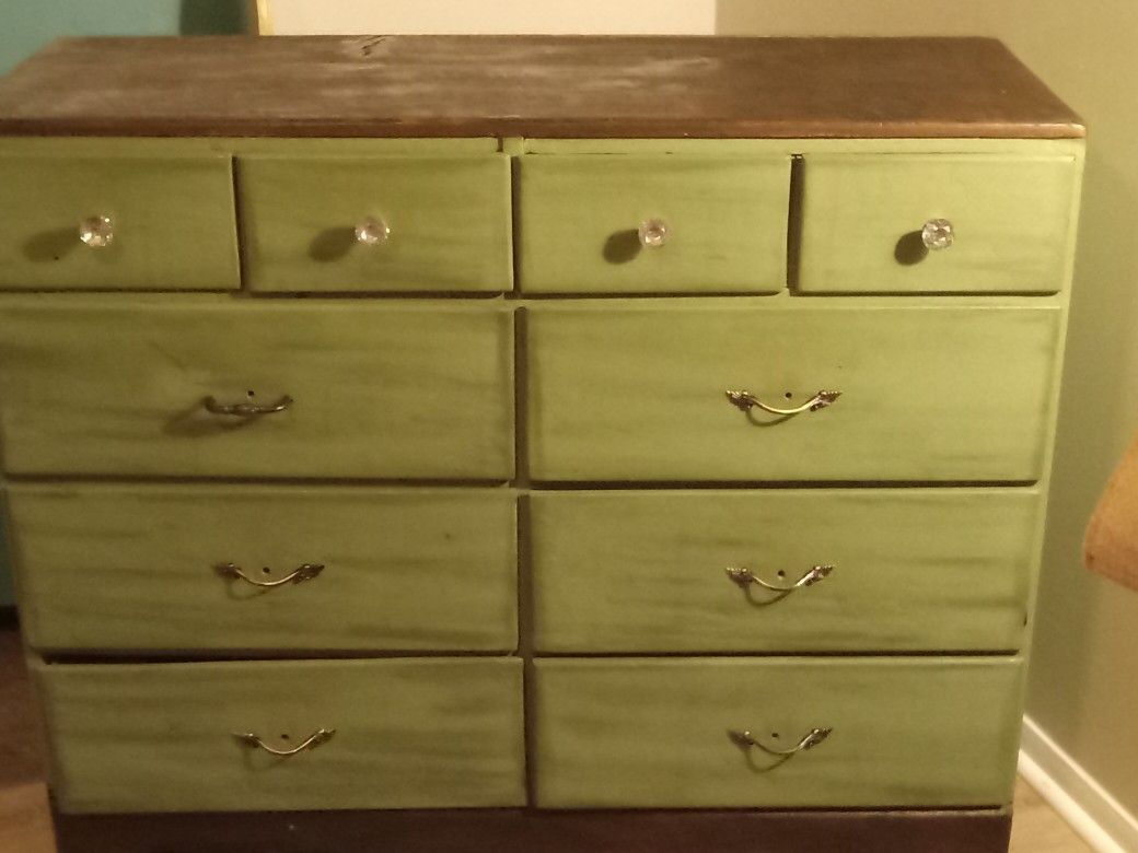 Shabby Chic Vintage Seafoam Green & Mahogany Refurbished Dresser W/ Crystal Knobs