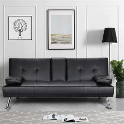 Modern Recliner Couch Faux Leather Futon Sofa Bed - Black