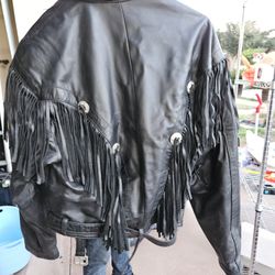 Vintage Genuine Leather Black Fringe Biker Jacket Motorcycle 52 Silver Accents