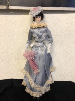 Vintage porcelain doll 21 inches tall gray dress white ruffled pink and Bella