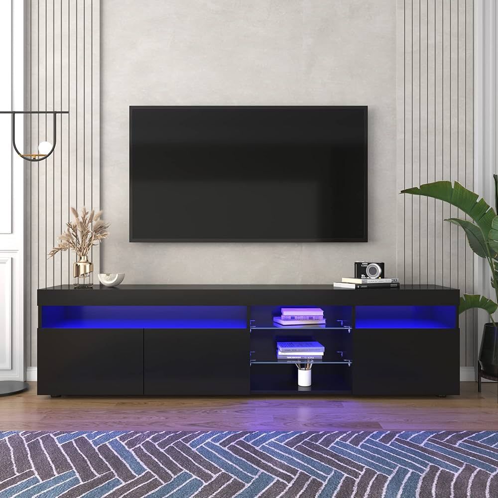 Black TV Stands LED Light Media Entertainment Center Cabinets TV Console Tables w/ Multi-Functional Storage, Home Theatre