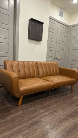 Modern Camel Faux Leather Futon Sofa Bed – Split Back Recliner