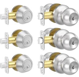 (Brand New in Box)  Estmoon 3 Pack Satin Nickel Exterior Door Lock Set with Deadbolt, Single Cylinder Deadbolt Lock and Door Knob, Keyed Alike Door Lo