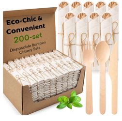 200 Pcs Pre Rolled Napkin and Bamboo Cutlery Set 200 Pack
