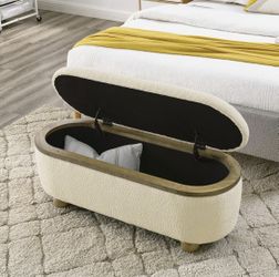 44” Beige Oval Bedroom Storage Bench with Oval Solid Wood Legs and Soft Decorative Fabric [NEW]