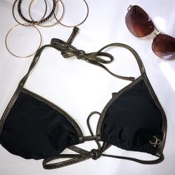 OP Juniors Black with Gold Trimming Triangle String Bikini Top