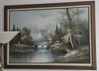 This original vintage landscape oil painting is signed by artist Rex Lewis and features a western-style cabin scene