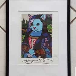 Romero Britto Framed Pop Art Mona Cat Hand Signed in Person Home Wall Decor New