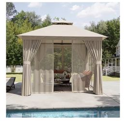 New In Box!10x10 Gazebo, Fabric Top, Metal Frame With Curtain And Net
