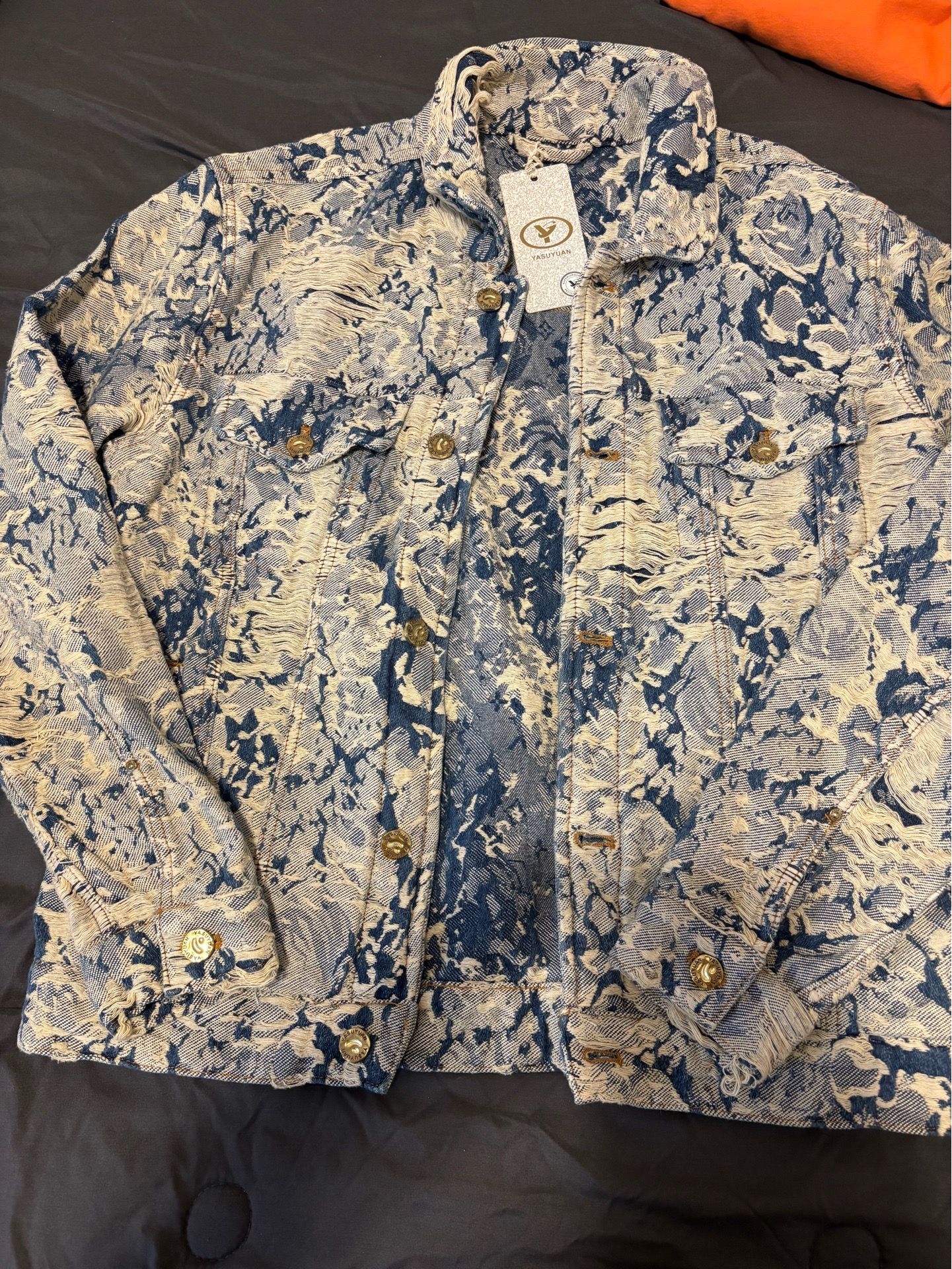 Blue and White Denim Jacket Embroidered Floral