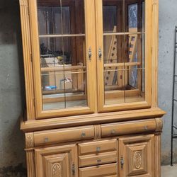 Wood Curio / China Cabinet - Glass Shelves - Lighted